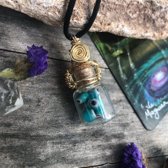 Evil Eye Protection Bottle Necklace Wire Wrapped - Gold Wire - Picture 6 of 12